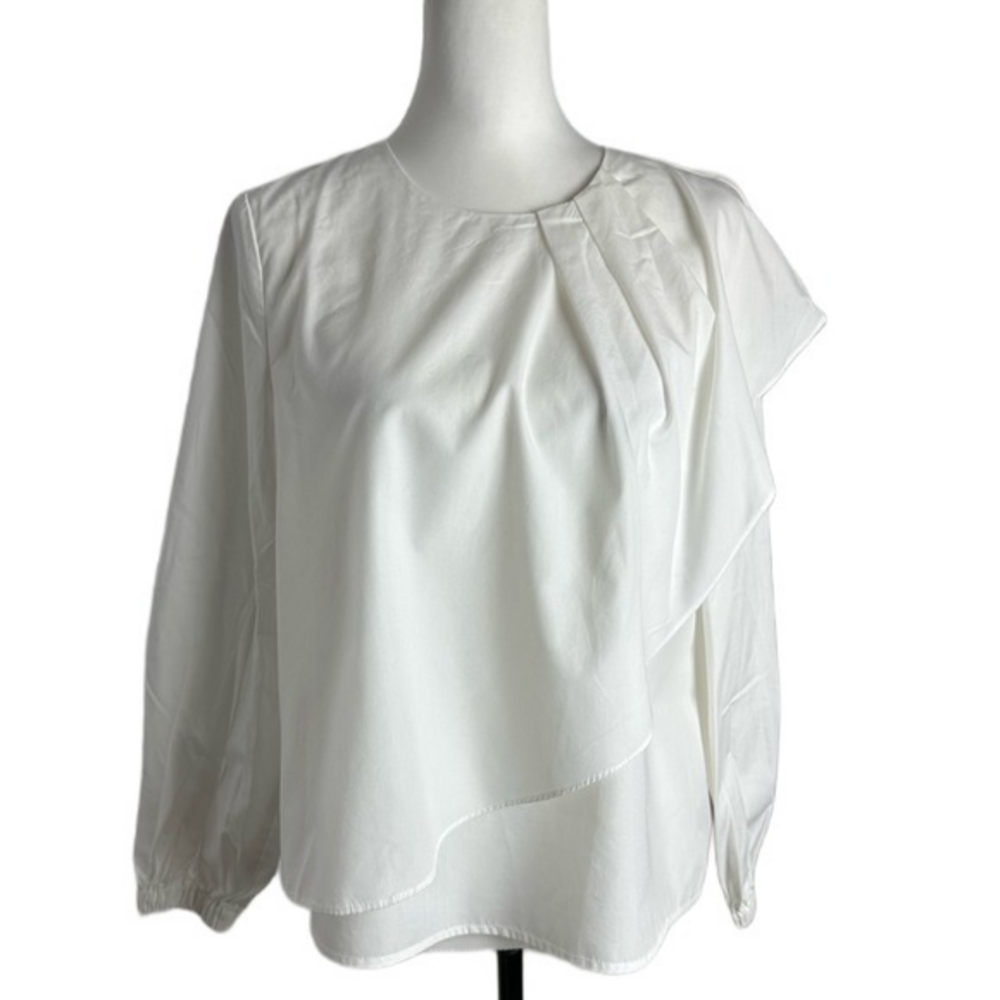 Paisie White Cotton Long‎ Sleeves Drapped Front Round Neck Blouse